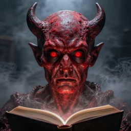 lord loss, king of hell & sadness, book portrait, pale red, lumpy skin, he has very dark - red eyes with even darker red pupils. symmetric lights and fog, in the style of zdzislaw beksinski, glowing light and shadow, hyperrealist, 8 k