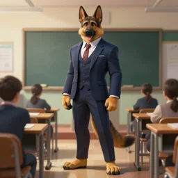 full body photograph of a male anthropomorphic german shepherd fursona wearing a nice suit in a school classroom, deep focus, intricate, elegant, highly detailed, digital painting, artstation, concept art, matte, sharp focus, illustration, d & d, fantasy, hearthstone, art by artgerm and greg rutkowski and alphonse mucha