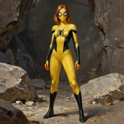 full body character turnaround of a woman in an orb weaver spider costume standing in a rock quarry, character sheet, matte painting, spiderwoman!!, john singer sargent, good value control, highly detailed portrait, character turnaround, digital painting, concept art, artstation, sharp focus, smooth, illustration, yellow and black color scheme,