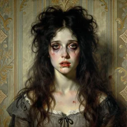 a beautiful and eerie baroque painting of a beautiful but creepy girl in layers of fear, with haunted eyes and dark hair piled on her head, 1 9 7 0 s, seventies, wallpaper, a little blood, morning light showing injuries, delicate embellishments, painterly, offset printing technique, by brom, moebius, robert henri, walter popp