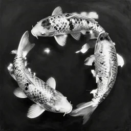 black and white painting of koi fish by sergio toppi, by jeremi lipking, by etam cru, dark particles, white background, tattoo style, elegant, sharp focus, illustration, harmony, dynamic composition, masterpiece, pen, ink draw