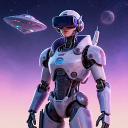 cyberpunk concept cool character warrior bot, cinema 4 d, galaxy, ufo, space sci - fi, wearing vr goggles, illustration, portrait, pastel neon textured background night, trending on artstation, greg rutkowski, octane rendered, 1 2 k, detailed,