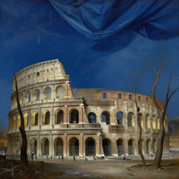 new years day at a colloseum, dry trees, winter blue drapery, hanging tarp ceiling showing the stars, icicles, stoic, light dust, magnificent, hyperdetailed, theatrical, close up, masterpiece, painted by jean honore fragonard and greg rutkowski