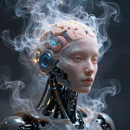 robot cyborg head, portrait, artificial consciousness, delirium, chaotic storm of twisting liquid smoke, by james jean, dan mumford, liam brazier, peter mohrbacher, anato finnstark, swirling fluid smokey enigma, radiant light