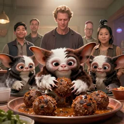 Gremlins movie but they only like meatballs, Greg Rutkowski, Darek Zabrocki, Karlkka, Jayison Devadas, Phuoc Quan, trending on Artstation, 8K, ultra wide angle, pincushion lens effect.