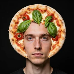 portrait of man with a rare medical condition making the head round like a pizza, head looks exactly like a pizza, doughy skin, hair looks like basil, blemishes look like tomatoes, eyes look like mozzarella, soft lighting, sharp focus, highly symmetrical, black background, masterpiece by morten krogvold