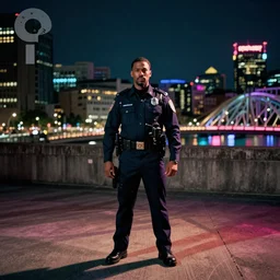 First Official image from Denis Villeneuve's new sci-fi film Allegheny, starring Wiz Khalifa as a futuristic police officer in neon-lit nighttime Pittsburgh, filmed by Greig Fraser on Alexa LF. Gorgeous cinematography, shadows, diffused colored gel lighting, film grain, Criterion Collection