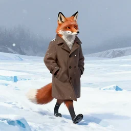 an anthropomorphic fox man wearing a long coat walking across a glacier, hands in pockets, blizzard, detailed character illustration by Aaron Miller, Greg Rutkowski, thomas kinkade, Howard Pyle, disney, El Greco, Cynthia Sheppard