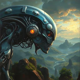 a beautiful biomechanical alien robot sri lankan landscape, concept art, intricate detail, volumetric shadows and lighting, realistic oil painting by tim hildebrandt,