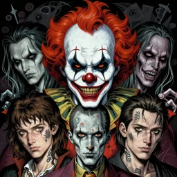 4 k headshot of scary godlike psychedelic clown from macfarlane comics, tattoos by craig mullins, ilya kuvshinov, krenz cushart, symmetry accurate features, epic, artgerm trending on artstation by edward hopper and dan mumford and wlop and rutkovsky, beksinski carl spitzweg moebius and tuomas kocar, anime masterpiece, intricate artwork by caravaggio
