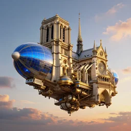 floating steampunk dirigible zeppelin with blue glass windows, strongly resembling exterior palace of versailles and notre dame cathedral, resembling us aircaft carrier, imperial napoleonic, gold blue white, dramatic lighting, steampunk, dieselpunk, french baroque, napoleonic, floating above 1 8 5 0 s paris, gorgeous sunset by david levy vyle art, artstation