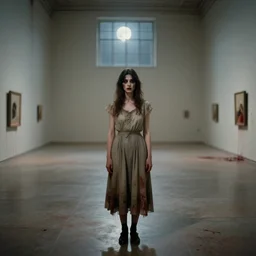 a beautiful but horrifying young woman wearing an austere dress is standing in a vast and empty gallery. blood is on the walls, and the moon is shining through the windows. photographed in the 1 9 7 0 s, illustration