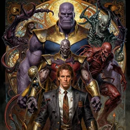 the platonic ideal of political poster of cletus kasady ultimate carnage thanos dementor doctor manhattan chtulu nazgul, detailed, intricate, hyperrealism, intense, scary, decay, dmt, art by brock hofer and artgerm and greg rutkowski and alphonse mucha