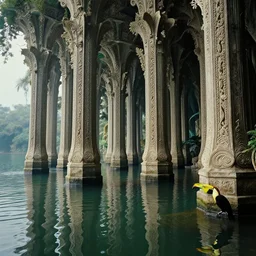 lake with hexagonal columns and a toucan, cinematic, filmic, wildlife photography, x - ray, ray tracing reflections, insanely detailed and intricate, hypermaximalist, elegant, ornate, hyper realistic, super detailed