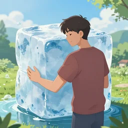 a guy hugging a huge ice cube to cool off on a hot summer day, hyperdetailed, artstation, cgsociety