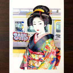 ink on paper, a portrait of a geisha wearing a colorful kimono with graffiti tags in front of a tokyo subway, by goyo hashiguchi!!, colorful, xray melting colors!!