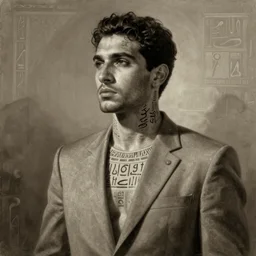 photorealistic sepia painting of a male in a grey suit, nabatean aramaic tattoos on his skin, atmospheric lighting, brooding, painted, intricate, ultra detailed, well composed, best on artstation, cgsociety, epic, stunning, gorgeous, intricate detail, much wow, masterpiece, cinematic aesthetic octane render, 8 k hd resolution,