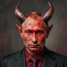 portrait of Vladimir Putin in the form of a devil detailed with horns and red skin