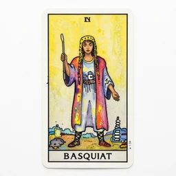 tarot card of a woman in acid fashion by basquiat and jackson pollock, watercolor and acrylic paint mixed media, i will haunt every planet to find you