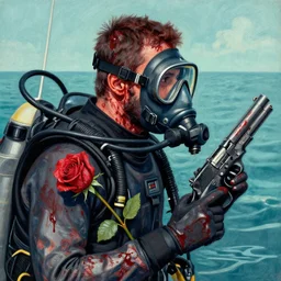diver wearing oxygen mask, has blood, rose and a pistol with sea background intricate details with horror side profile by Sandra Chevrier