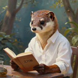portrait painting of furry weasel with its head in a human body, wearing a white shirt, sits on a table reading a book by wenjun lin, irakli nadar, bright colors, octopath traveler, wenjun lin, unreal engine 5 highly rendered, global illumination, 9 radiant light, detailed and intricate environment