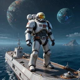 a space marine standing on a ship in the oceans of an unknown alien world, award winning, trending on artstation, unreal engine