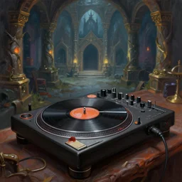 fantasy painting of a dj set with turntable in a fantasy dungeon in the style of dnd,