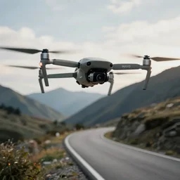 detailed dji mavic flying over a mountain road, photo, kodak portra 4 0 0, direct flash, cinematic lighting, anti aliasing