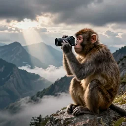 a monkey taking a photograph, mountains in the backround with clouds, as van asch pieter - jansz
