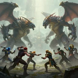 huge size of scene, hyperrealism fantasy creatures fight scene with characters from league of legends portrait, digital art, wallpaper of an fantasy fight, background of sci fi city in fog, diffused lighting, 8 k dop hdr