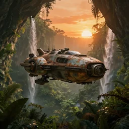 a sci fi rusty flying military vehicle floating in a prehistoric jungle cave, lush flora, waterfall, orange sky, sunset, hazy, volumetric lighting, rtx on, photorealistic render, unreal engine 5