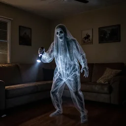 transparent horror spirit attacks in living room lights out interior photos shot on iphone, dynamic pose, full body shot, sharp focus, grainy, corpse, paranormal flashlight, deep night,,