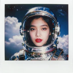 analog polaroid portrait of a beautiful asian woman wearing a chrome space helmet, bright red lipstick, Hajime Sorayama, sheen, red reflections, unreal engine, azure sky, big clouds visible, sunlight, reflection, sparkles, space, stars, nebula, lensflare, film grain, depth of field, color bleed