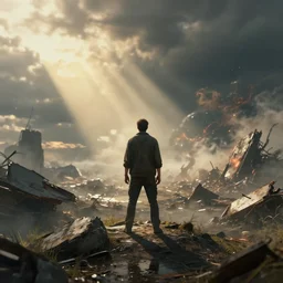 a beautiful illustration of a man standing in an apocalyptic world because of global warming, highly detailed, 8 k, trending on artstationhq, raytraced shadows, raytraced reflections, caustics, bloom, depth of field, octane render, god rays, rtx, raytracing, ultra details, mind blowing, beautiful, jaw dropping image