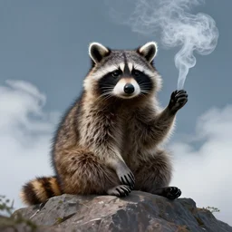 huge stoned racoon sitting on a mountain smoking clouds, digital art