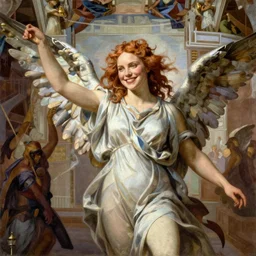 oil painting of Christina Hendricks as a smiling celestial angel in the style of Michelangelo's Sistine Chapel