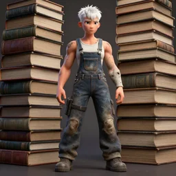 full body pose, beautiful adult book fairy, pixar, short white hair shaved sides, steroid body, ripped and vascular, dirty, grungy, grunge, long sleeve, painted overalls, stacks of giant books, highly detailed, 4 k, hdr, smooth, sharp focus, high resolution, award - winning photo, artgerm, photorealistic