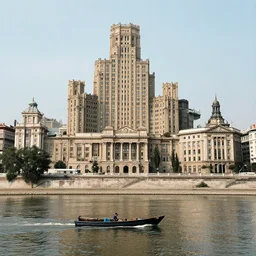 a man on a small boat on a river with fractal city by mandelbrot neoclassical architecture, ancient high buildings, vertical classical temples, cinestill 8 0 0 t 3 5 mm