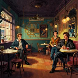 illustrated portrait of a victorian cafe interior, colorful, ( ( mads berg ) ), christopher balaskas, ( ( victo ngai ) ), rich texture, detailed, dynamic composition, wide angle, grainy light gradients, high contrast, dark tint
