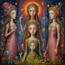 hyper - maximalist overdetailed painting by hannah yata caitlin hacket. artstation. deviantart. cgsociety. inspired by hieranonymus bosch and heidi taillefer. surrealism infused lowbrow style. visionary psychedelic fineart. hyperdetailed high resolution render by binx. ly in discodiffusion. dreamlike polished render by machine. delusions. sharp focus.