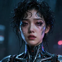 facial portrait of a crying korean future android with dark smeared makeup, wet curly hair, neon tears, sci - fi face tattoo, a dark cyberpunk background, lens flare, rain, deep focus, d & d, intricate, elegant, highly detailed, photo, artstation, blade runner, 8 k, sharp focus, octane, unreal engine 5, global illumination, radiant