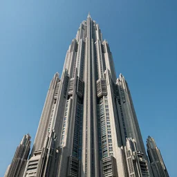 a sci - fi brutalist monumental tower, with many towers sprouting from the base tower creating a complex and unique geometric building, photography