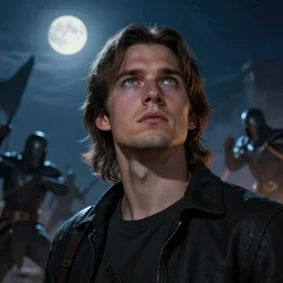 epic cinematic artwork of commander in his late twenties, clean shaven with medium long brown hair and green eyes, looking up at to the night sky as a warriors fight in battle around him by greg rutowski, 4 k, masterpiece, moonlight