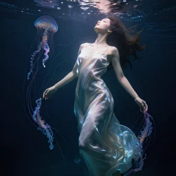 beautiful anatomical female human body draped in silk, colorful jellyfish tentacles, flowing in the water, underwater. beautiful and elegant. beams of light, dark ambiance, cinematic, photo realistic, ultra detail