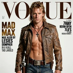 max rockatansky from mad max. studio photo in the 7 0's. vogue magazine cover with text. highly detailed