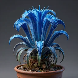 a photograph of a blue fantasy futuristic beautiful dangerous sci fi hybrid tropical desert mutant weird exotic poisonous flower flora plant in a pot, hyper realism, octane render, 8 k, hyper detailed, vivid, ultra detailed, highly detailed