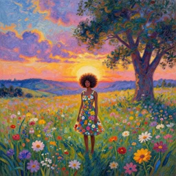 afro made of flowers, full body, girl standing in the middle of a field with flowers, surreal photography, hills, big trees, sunrise dramatic light, impressionist painting, colorful clouds, digital painting, pointillism, artstation, simon stalenhag