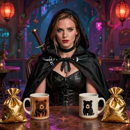 kate beckinsale weared as thief in caped cloak, with knives and lockpics, sit behind table with bear mugs and gold bags, dark fantasy inn,  colorfull digital fantasy art, 4k