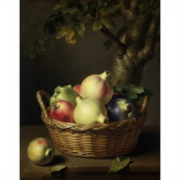 a 1 6 th century oil painting of a fruit in a basket beside a tree. high quality scan