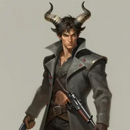 a league of legends concept art of a handsome young man with large curved backward imp horns on a head in tattered slate - gray collared coat with red buttons holding a gun, black and white striped horns, art by cushart krentz and greg rutkowski, male person concept art, elegant, morandi color scheme, 8 k resolution, octane render, commission art